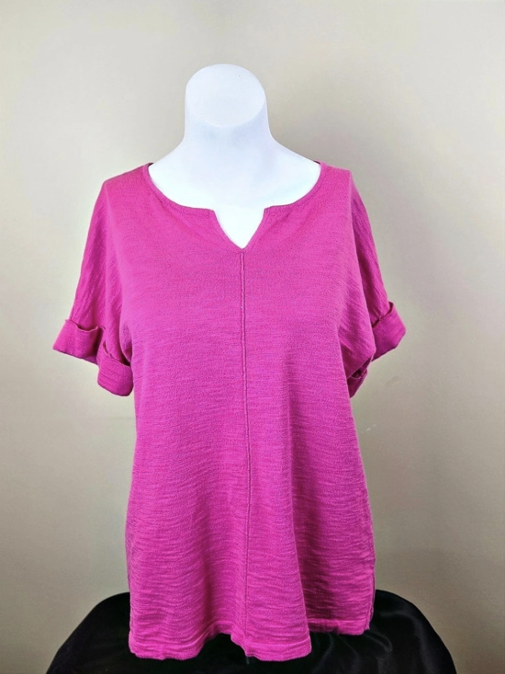 Mansted Kerstin Organic Cotton Slub Split Neck Tee Top Fuchsia Pink Size Med